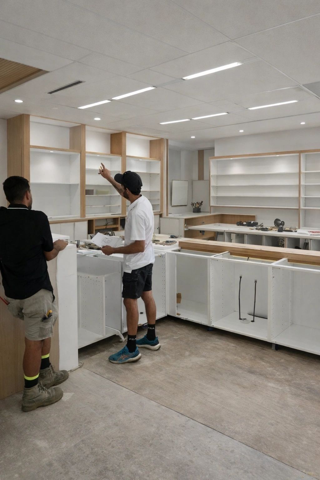 Two Renova carpenters installing timber shelving joinery from shop drawings