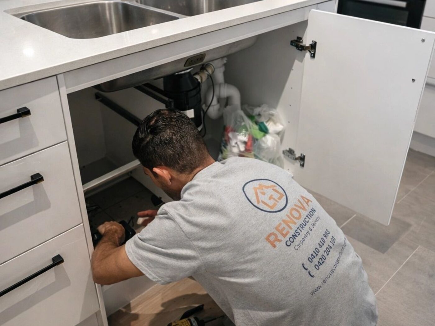 Renova carpenter in a branded shirt repairing cabinetry under a kitchen sink, cabinet door open and tools on the floor